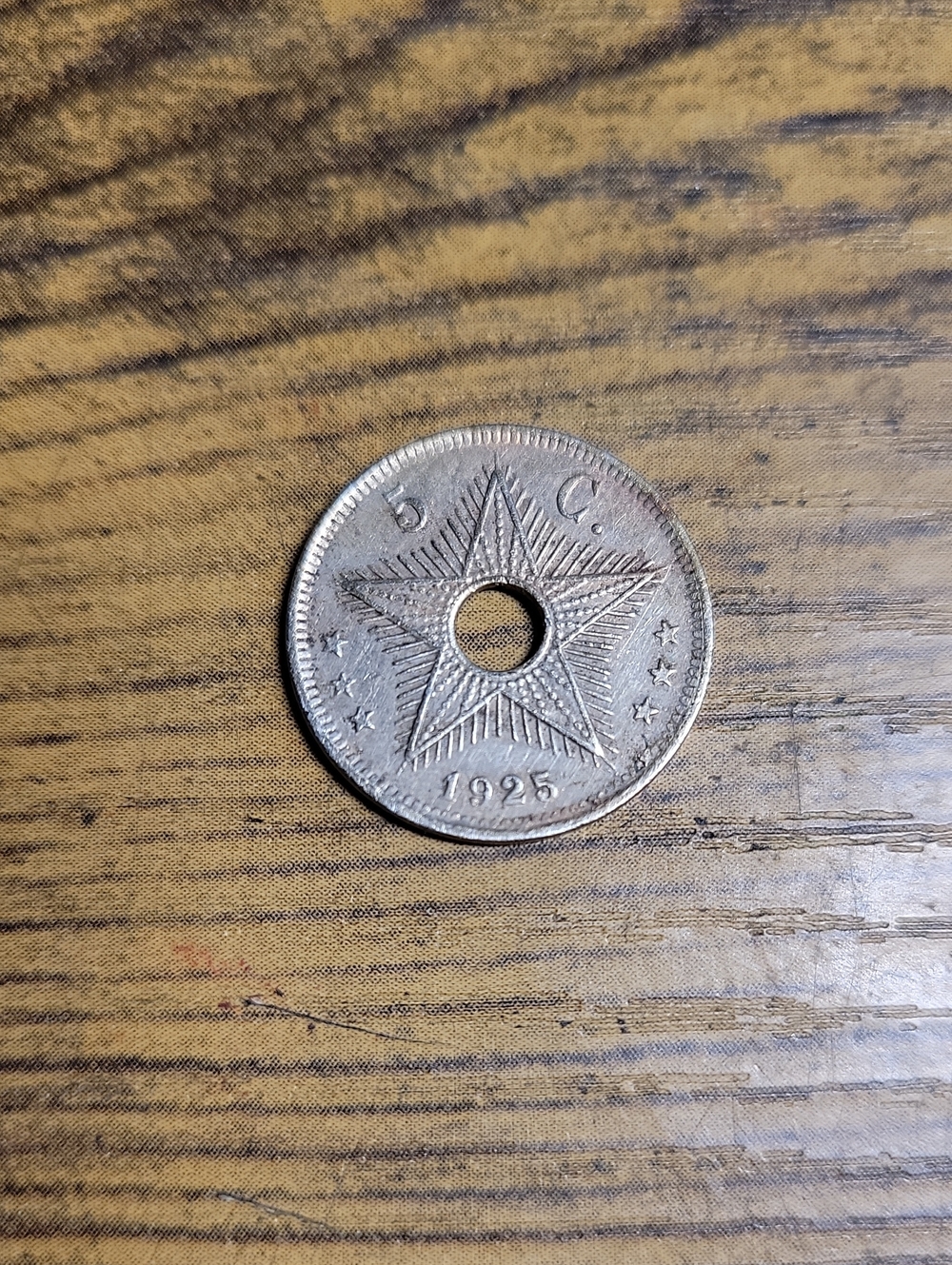 Vintage 1925 Belgian Congo 5 Centimes Coin- Silver Tones